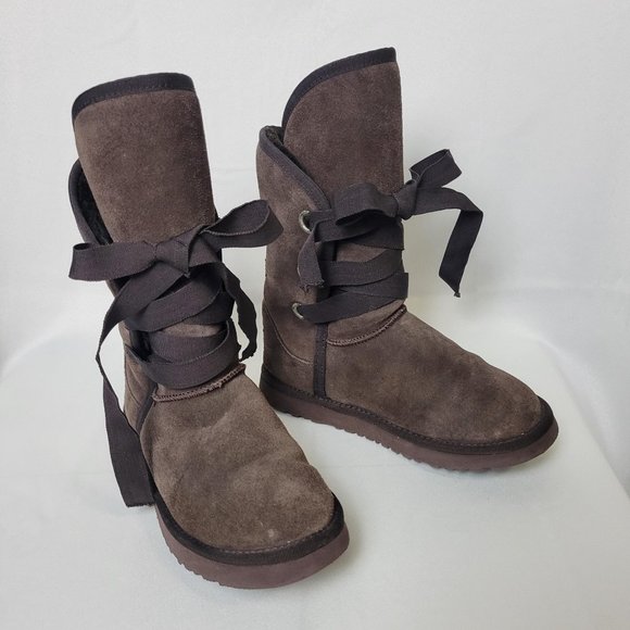 UGG Australia Brown Ribbon Lace Up Sheepskin Wool Boots Womens Size W7 - Picture 2 of 7